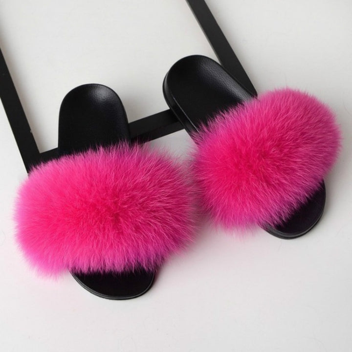 Fox Fur Slippers Flip-flops Non-slip Flat Fur Shoes Sandals for Women, 36-37(23cm)