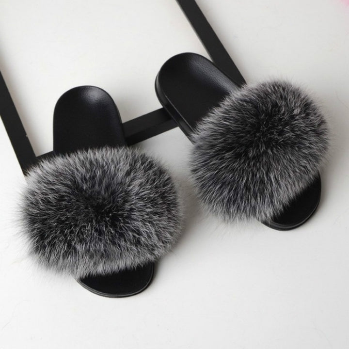 Fox Fur Slippers Flip-flops Non-slip Flat Fur Shoes Sandals for Women, 36-37(23cm)