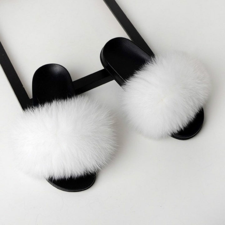 Fox Fur Slippers Flip-flops Non-slip Flat Fur Shoes Sandals for Women, 36-37(23cm)