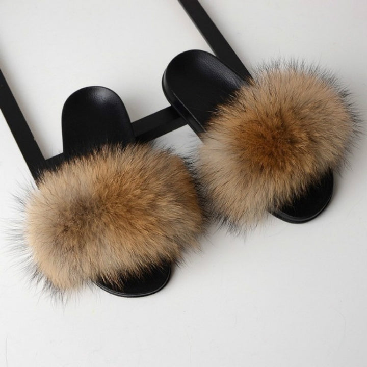 Fox Fur Slippers Flip-flops Non-slip Flat Fur Shoes Sandals for Women, 38-39(24cm)