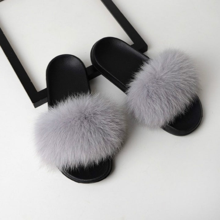 Fox Fur Slippers Flip-flops Non-slip Flat Fur Shoes Sandals for Women, 38-39(24cm)