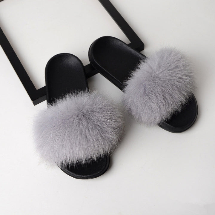 Fox Fur Slippers Flip-flops Non-slip Flat Fur Shoes Sandals for Women, 40-41(25cm)