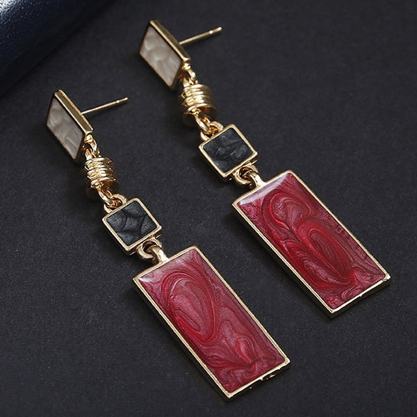 Female Small Fresh Oil Drop Rectangular Earrings Houndstooth Color Contrast Geometric Long Earrings