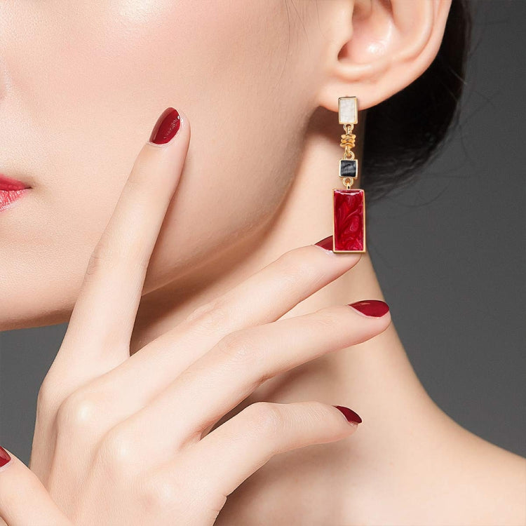 Female Small Fresh Oil Drop Rectangular Earrings Houndstooth Color Contrast Geometric Long Earrings