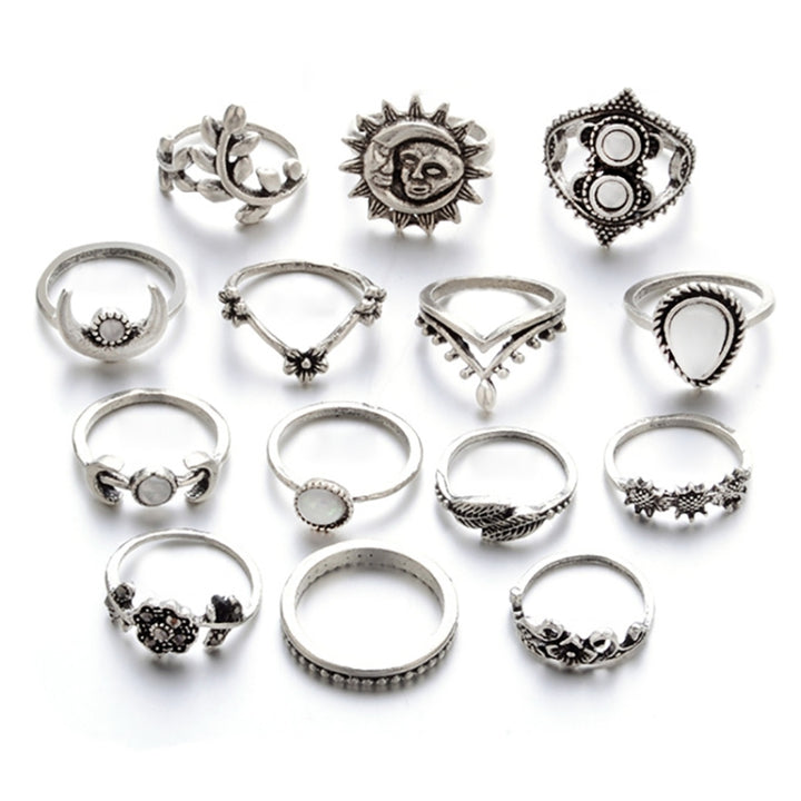 14 PCS/Set Punk Vintage Hollow Carved Diamond Waterdrop Flower Moon Ring Set