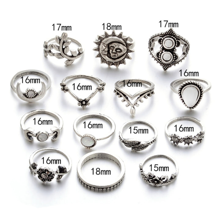 14 PCS/Set Punk Vintage Hollow Carved Diamond Waterdrop Flower Moon Ring Set