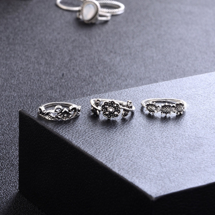 14 PCS/Set Punk Vintage Hollow Carved Diamond Waterdrop Flower Moon Ring Set