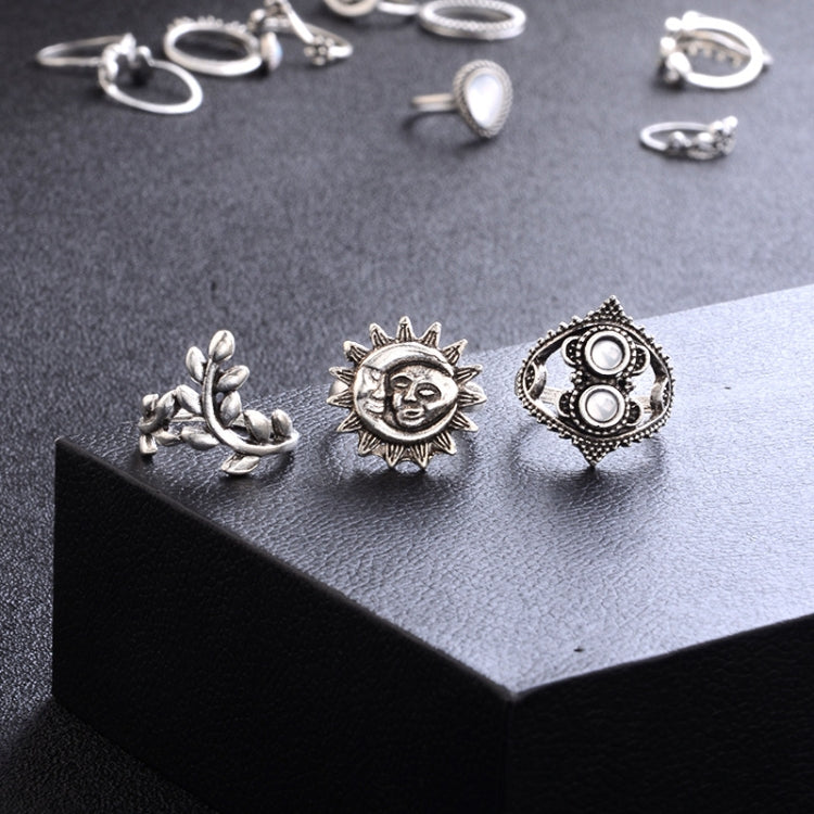 14 PCS/Set Punk Vintage Hollow Carved Diamond Waterdrop Flower Moon Ring Set