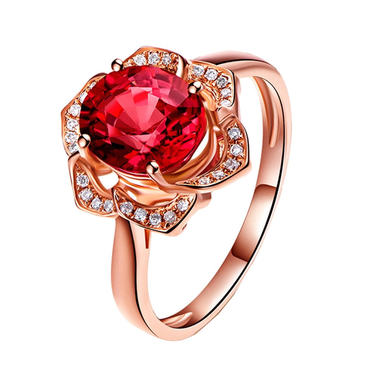 Fashion Red Tourmaline Rose Gold Flower Shape Women Ring, 6, 7, 8, 9, 10