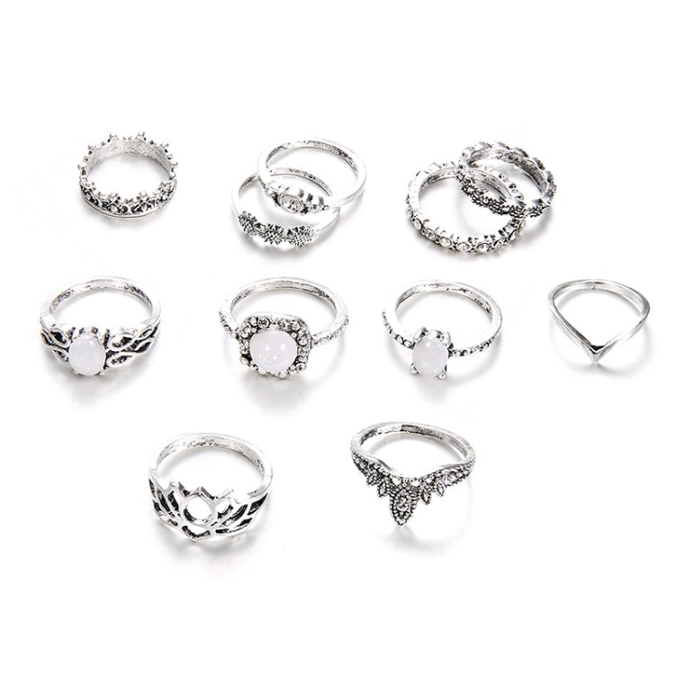 11 PCS/Set Bohemian Retro Totems Opal Lotus Crystal Hollow Ring Set