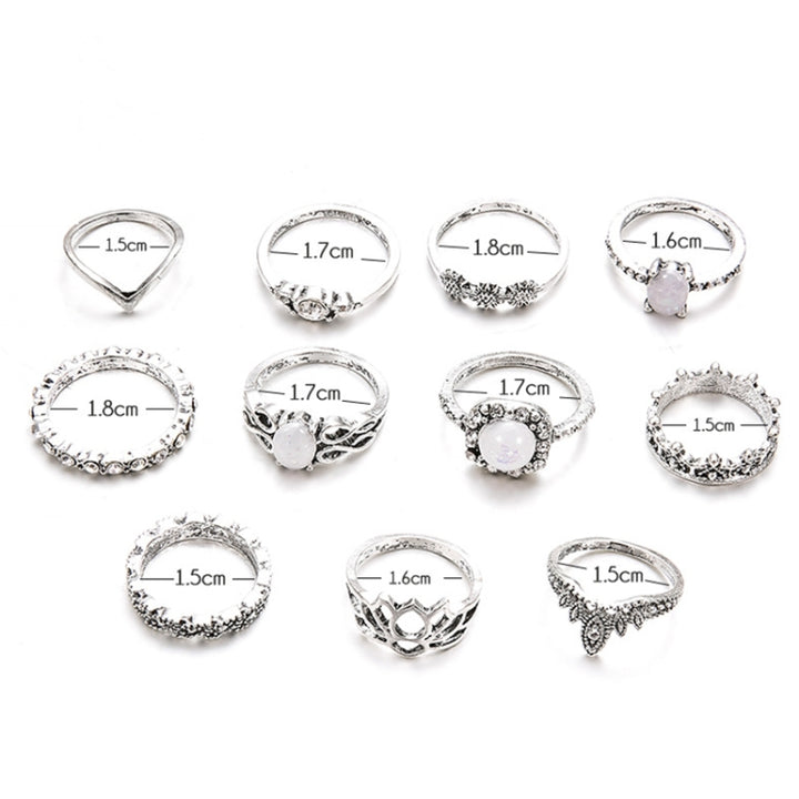 11 PCS/Set Bohemian Retro Totems Opal Lotus Crystal Hollow Ring Set