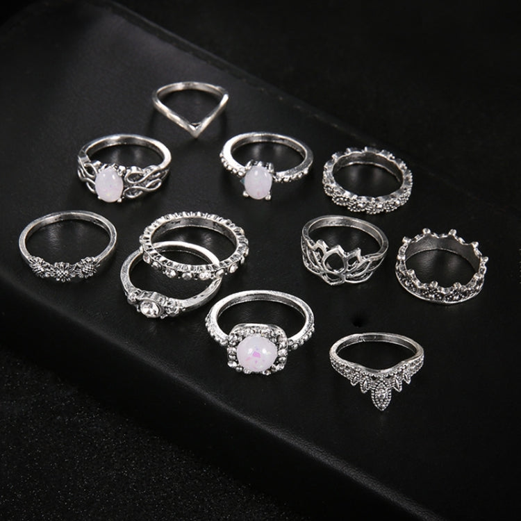 11 PCS/Set Bohemian Retro Totems Opal Lotus Crystal Hollow Ring Set