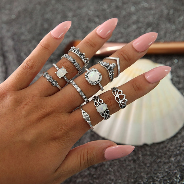 11 PCS/Set Bohemian Retro Totems Opal Lotus Crystal Hollow Ring Set