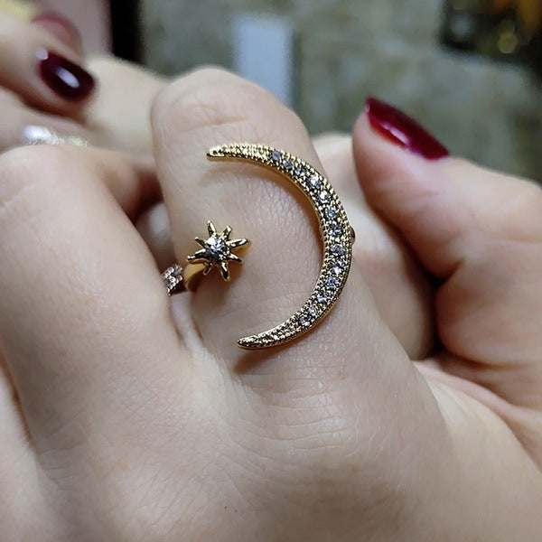 Female Star Moon Rings Crystal Ring Staking Jewelry, Yellow Gold, Rose Gold, Silver