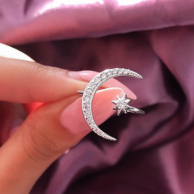 Female Star Moon Rings Crystal Ring Staking Jewelry, Yellow Gold, Rose Gold, Silver