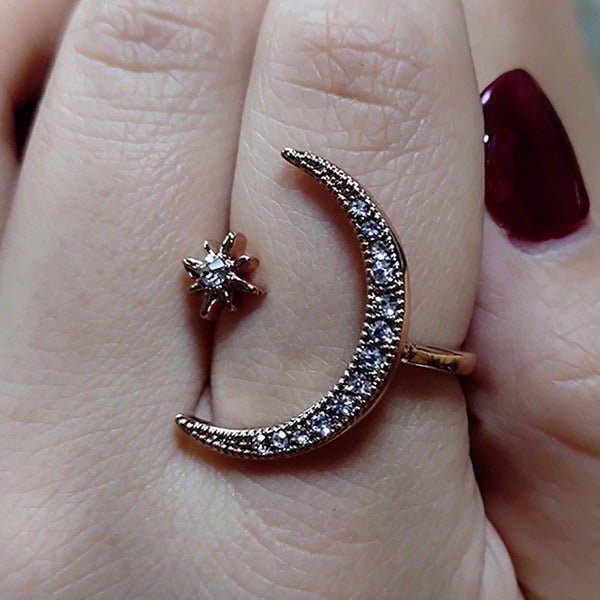 Female Star Moon Rings Crystal Ring Staking Jewelry, Yellow Gold, Rose Gold, Silver