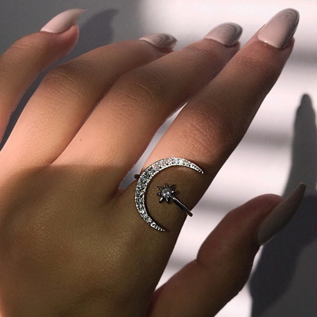 Female Star Moon Rings Crystal Ring Staking Jewelry, Yellow Gold, Rose Gold, Silver