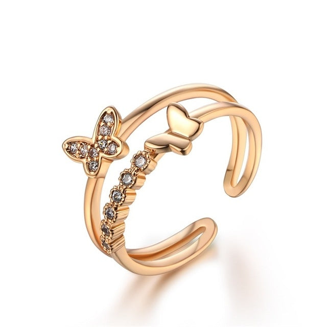 Women Fashion Cute Butterfly Shape Diamond Opening Ring, Rose gold, Platinum