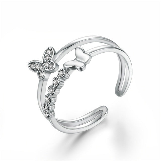 Women Fashion Cute Butterfly Shape Diamond Opening Ring, Rose gold, Platinum