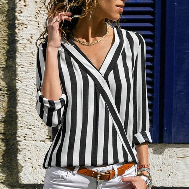 Women Striped Shirt Long Sleeve V-neck Shirts Casual Tops Blouse, S, M, L, XL, XXL, XXXL