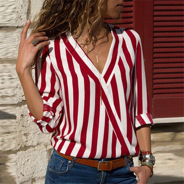 Women Striped Shirt Long Sleeve V-neck Shirts Casual Tops Blouse, S, M, L, XL, XXL, XXXL