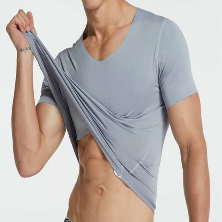 Men Ice Silk Quick Dry T-shirt Short Sleeve V Neck Solid Color Seamless Breathable Top, M, L, XL, XXL, XXXL