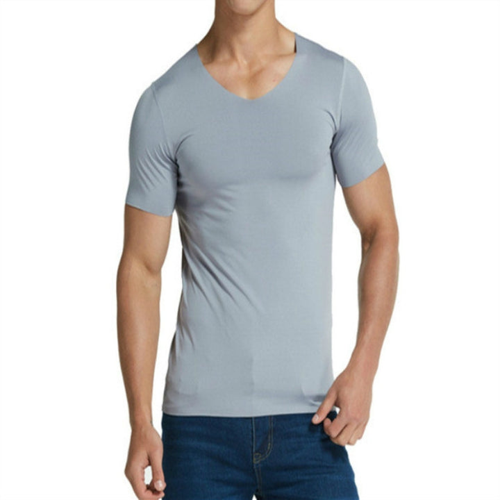 Men Ice Silk Quick Dry T-shirt Short Sleeve V Neck Solid Color Seamless Breathable Top, M, L, XL, XXL, XXXL