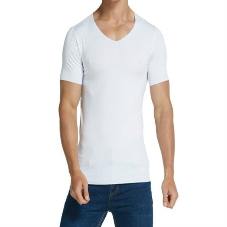 Men Ice Silk Quick Dry T-shirt Short Sleeve V Neck Solid Color Seamless Breathable Top, M, L, XL, XXL, XXXL