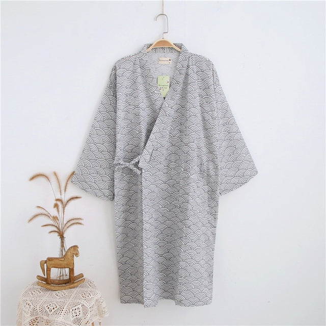 Man Pure Cotton Double-deck Bathrobe Kimono Pajamas Home Wear, M, L