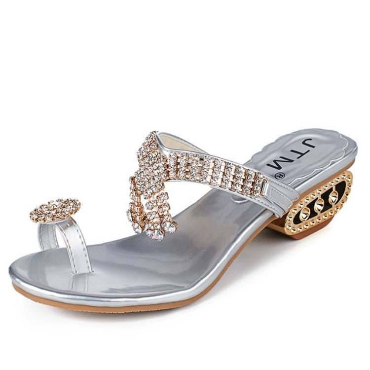 Open Toe Chunky Heel Sandals Crystal Rhinestones Beach Flip, 34, 35, 36, 37, 38, 39, 40, 41