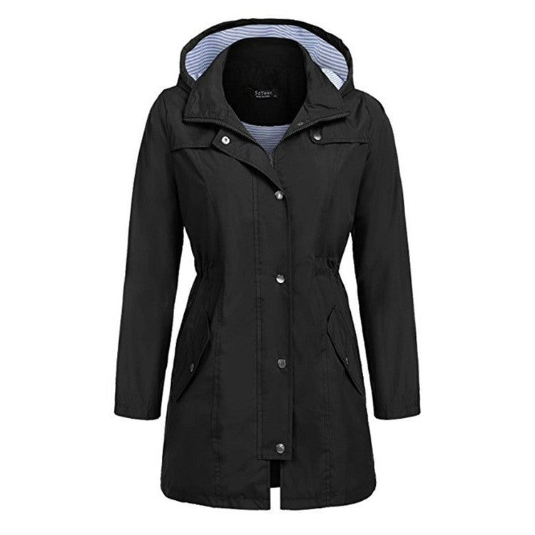 Casual  Women Waterproof Waist Hooded Long Coat, S, M, L, XL