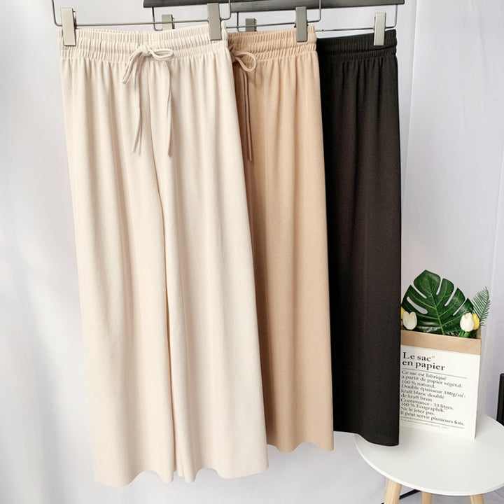 Ice Silk Knit Pants Fall Wide Leg Pants Female High Waist Loose Casual Pants High Waist Nine Points, One Size