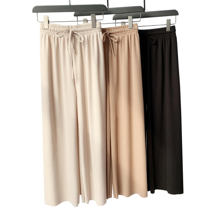 Ice Silk Knit Pants Fall Wide Leg Pants Female High Waist Loose Casual Pants High Waist Nine Points, One Size