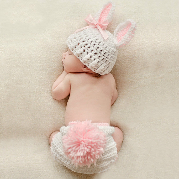 Cartoon Rabbit Shape Bow-knot Hand-knitted Wool Hat + Underwear Children Photography Clothing Set