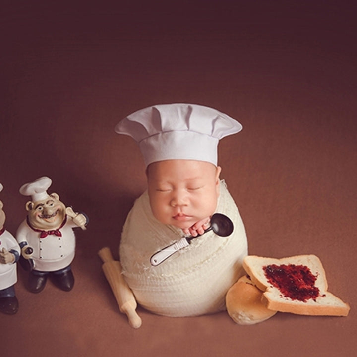 Newborn Babies Photography Clothing Chef Theme Set, White, A Knives (5 Sets), B Shovel (5 Sets), Flower 1, Small Bag 1, Skull 1, Hamburger 1, Bread 2 Pieces, Doughnut 1, Long Bread, Wooden Spoon 1, Rolling Pin 1, Wood Egg 1, Wrap 1, Artboard Chef