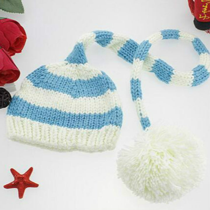 Children Photography Clothing Baby Photo Wool Long Tail Cap Horizontal Striped Christmas Hat, Red, Blue