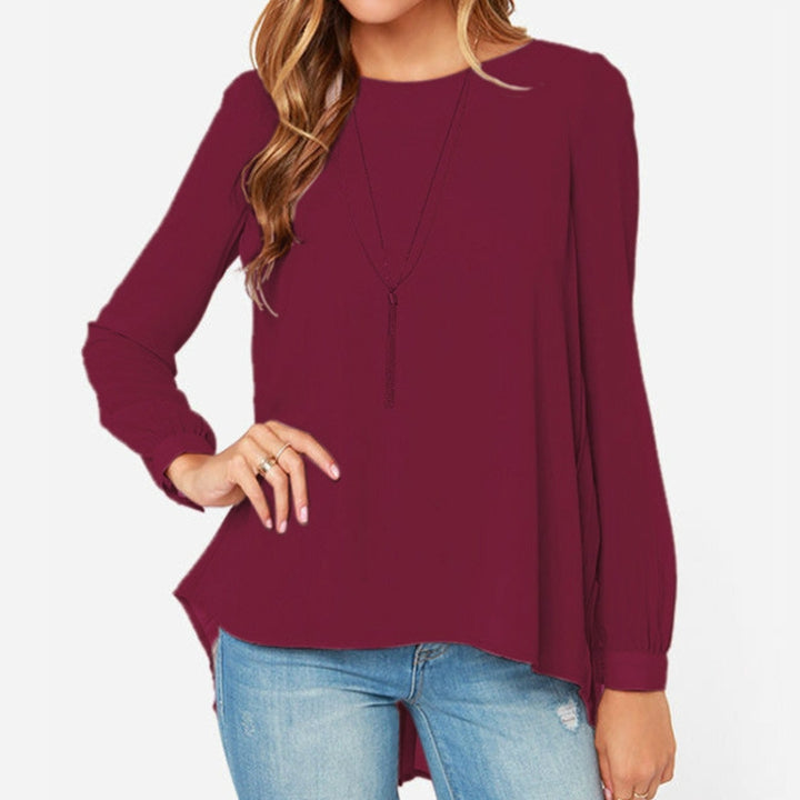 Women Chiffon Shirt Round Neck Long-Sleeved Slim Shirt, S, M, L, XL, XXL, XXXL, XXXXL, XXXXXL