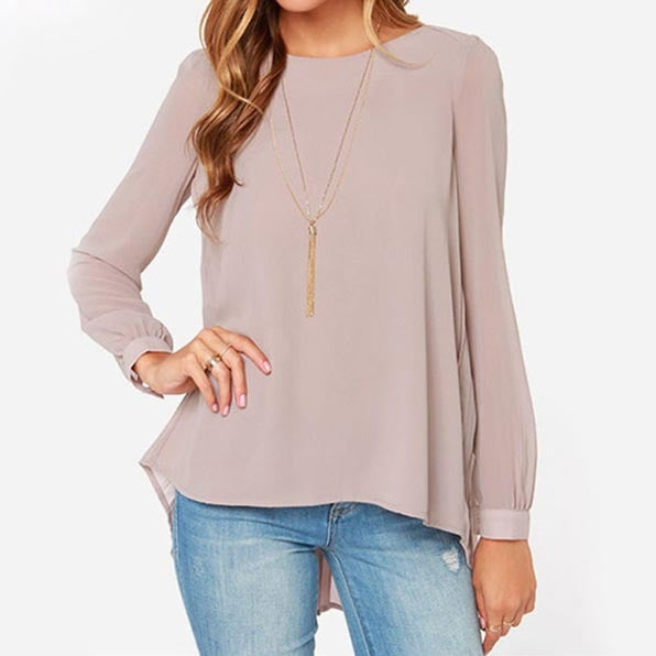 Women Chiffon Shirt Round Neck Long-Sleeved Slim Shirt, S, M, L, XL, XXL, XXXL, XXXXL, XXXXXL