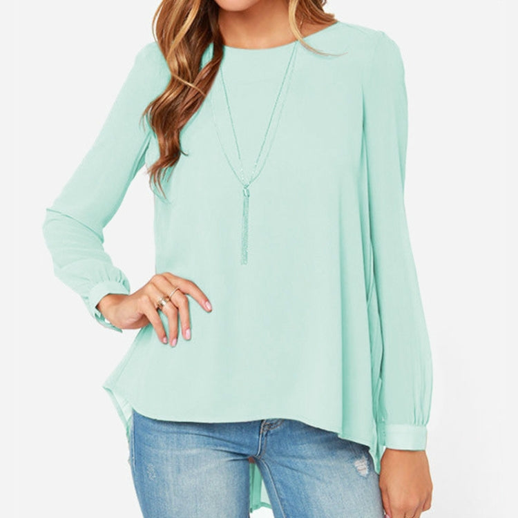 Women Chiffon Shirt Round Neck Long-Sleeved Slim Shirt, S, M, L, XL, XXL, XXXL, XXXXL, XXXXXL