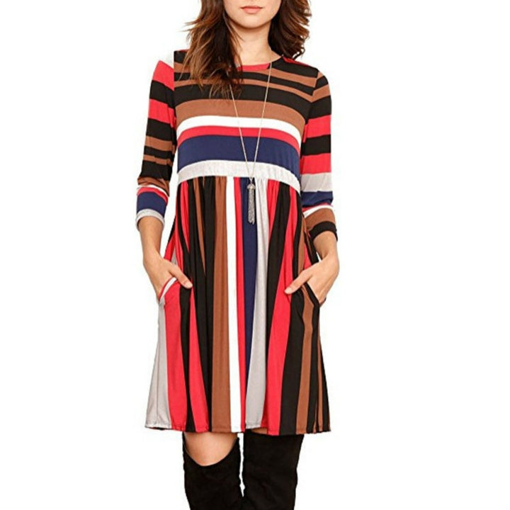 Round Neck Striped Stitching Color Long-sleeved Casual Head A Style Dress, S, M, L, XL, XXL