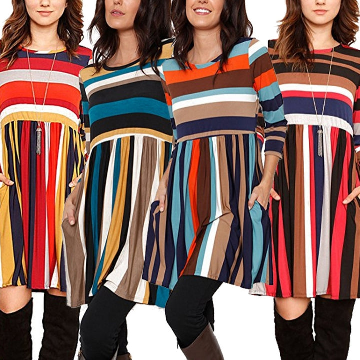 Round Neck Striped Stitching Color Long-sleeved Casual Head A Style Dress, S, M, L, XL, XXL