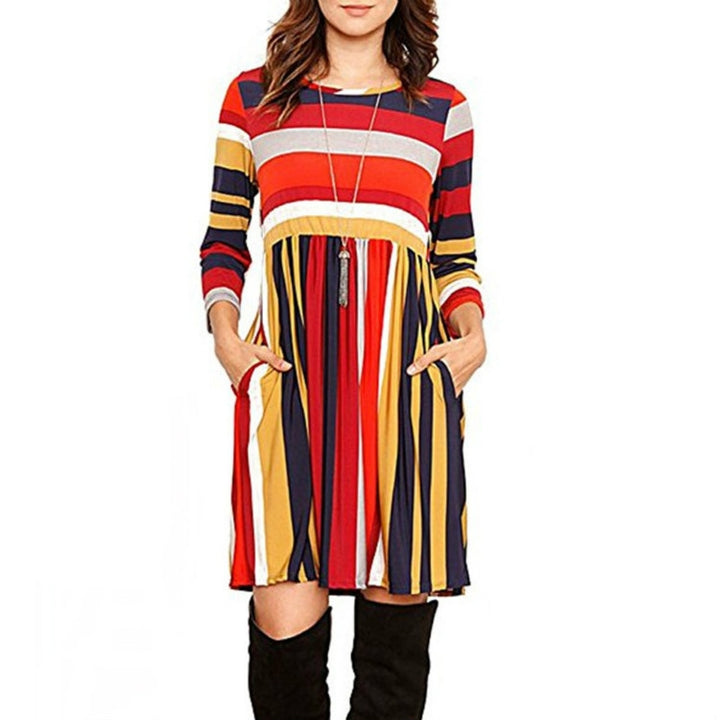 Round Neck Striped Stitching Color Long-sleeved Casual Head A Style Dress, S, M, L, XL, XXL