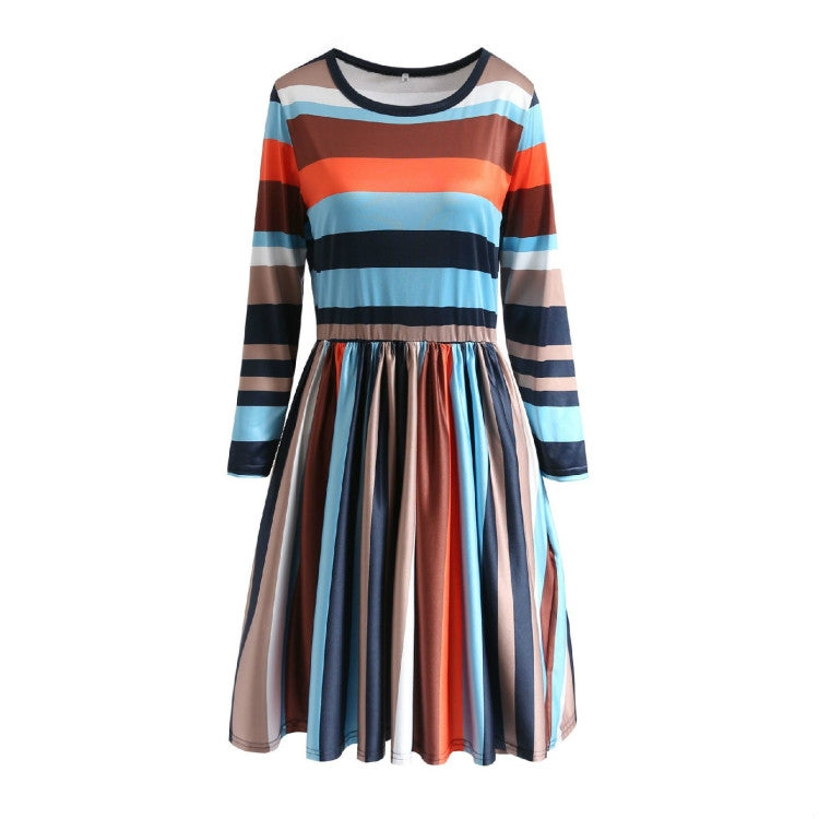 Round Neck Striped Stitching Color Long-sleeved Casual Head A Style Dress, S, M, L, XL, XXL