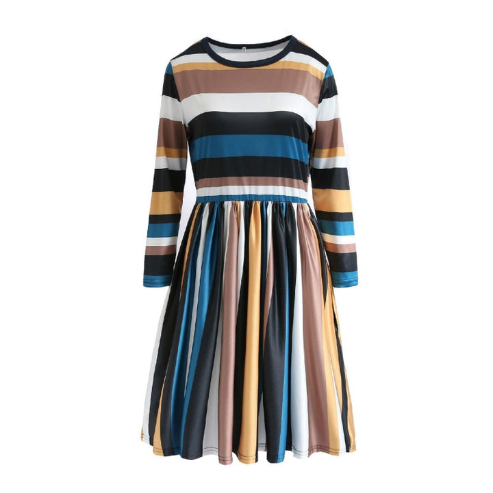 Round Neck Striped Stitching Color Long-sleeved Casual Head A Style Dress, S, M, L, XL, XXL