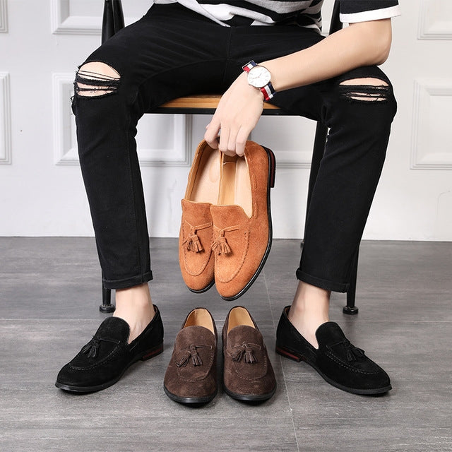 Men Leather Shoes Suede Tassels Slip-on Peas Shoes, 37, 38, 39, 40, 41, 42, 43, 44, 45, 46