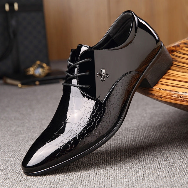 Men Pointed Glossy Crocodile Texture Leather Shoes, 38, 39, 40, 41, 42, 43, 44, 45