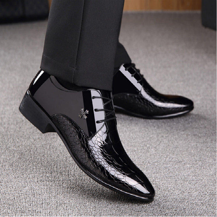 Men Pointed Glossy Crocodile Texture Leather Shoes, 38, 39, 40, 41, 42, 43, 44, 45