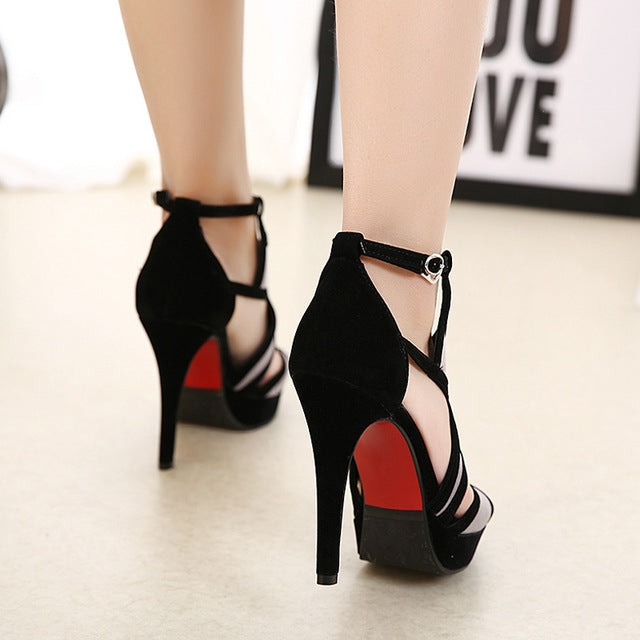 Leather Stitching Geometric Pattern Super High Heel Fish Sandals, 34, 35, 36, 37, 38, 39, 40, 41, 42