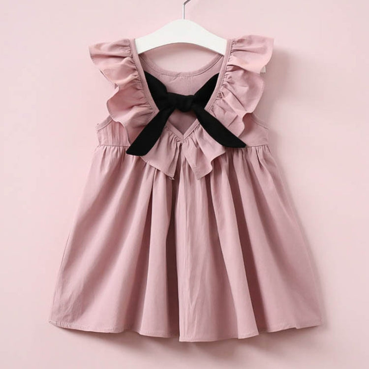 Summer Girls Cotton Sleeveless Backless Bow-knot Pleated Dress, 90cm, 100cm, 110cm, 120cm, 130cm