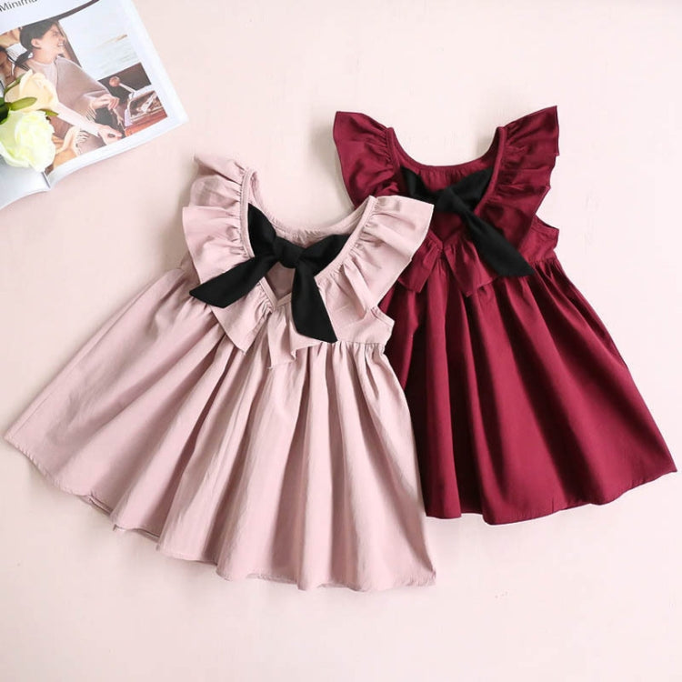 Summer Girls Cotton Sleeveless Backless Bow-knot Pleated Dress, 90cm, 100cm, 110cm, 120cm, 130cm